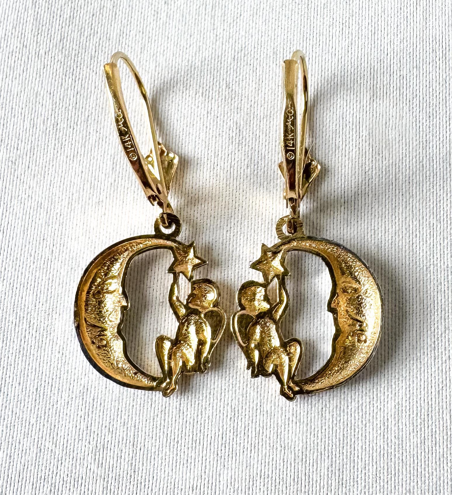 Vintage Michael Anthony 14K Two Tone Crescent Moon Star Cherub Angel Dangle Earrings, Vintage Celestial Earrings