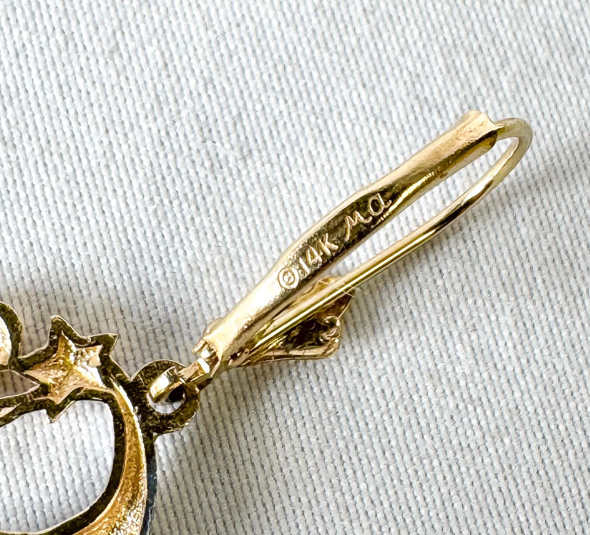 Vintage Michael Anthony 14K Two Tone Crescent Moon Star Cherub Angel Dangle Earrings, Vintage Celestial Earrings