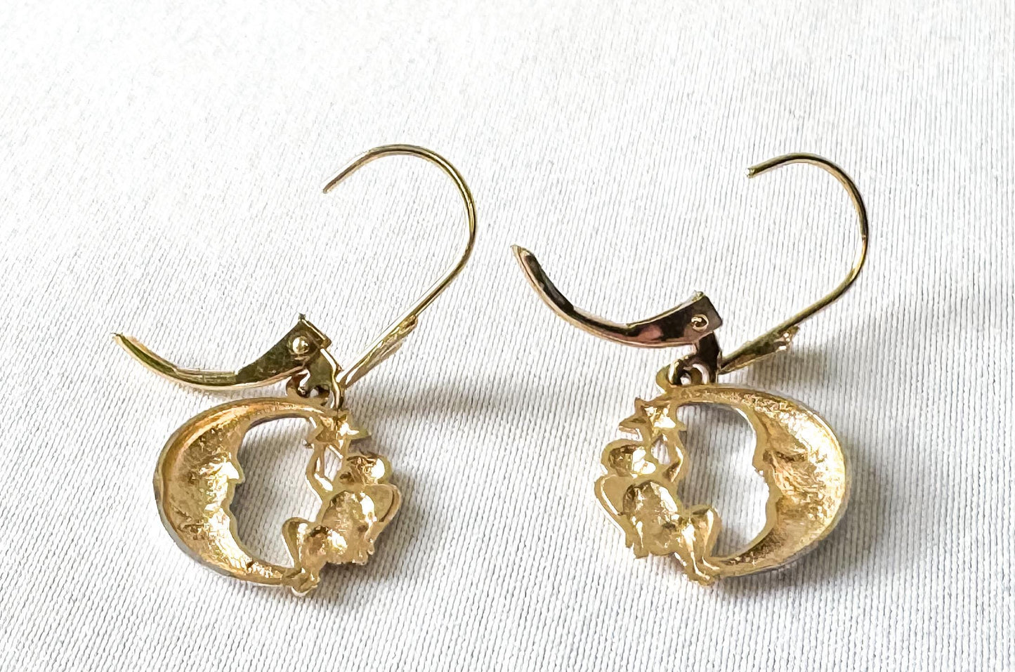 Vintage Michael Anthony 14K Two Tone Crescent Moon Star Cherub Angel Dangle Earrings, Vintage Celestial Earrings
