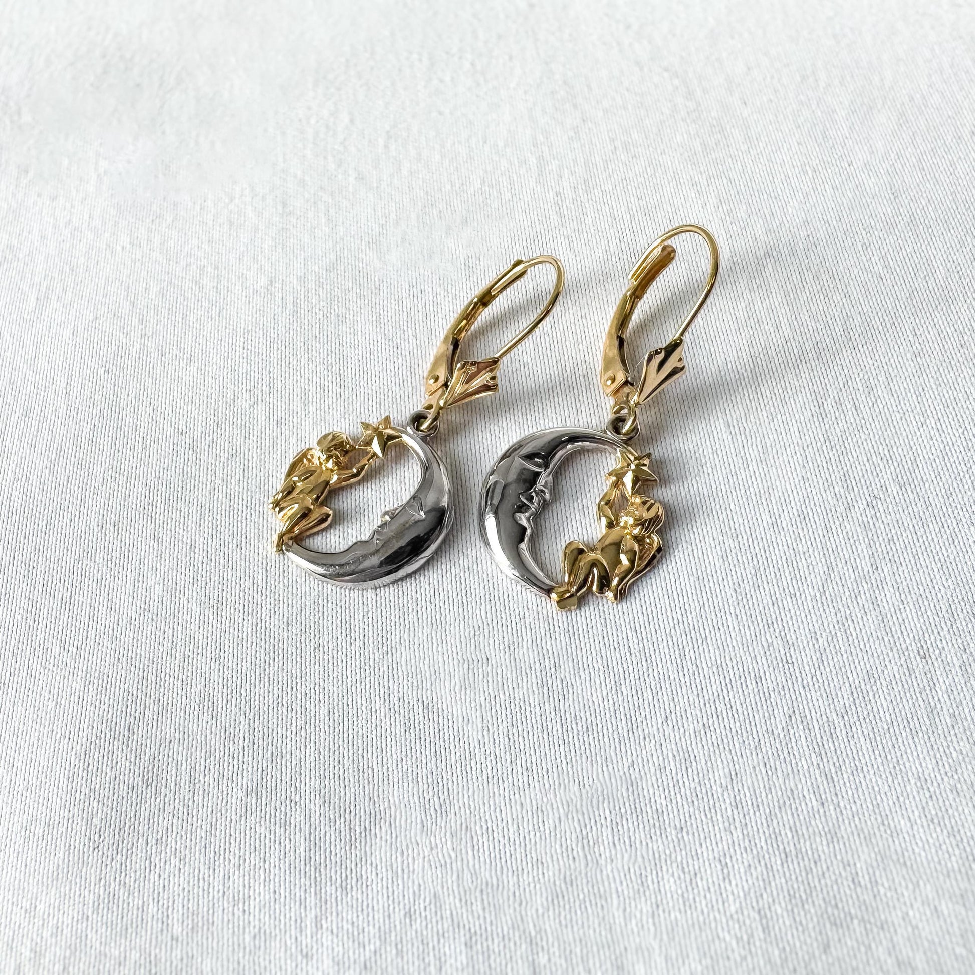 Vintage Michael Anthony 14K Two Tone Crescent Moon Star Cherub Angel Dangle Earrings, Vintage Celestial Earrings