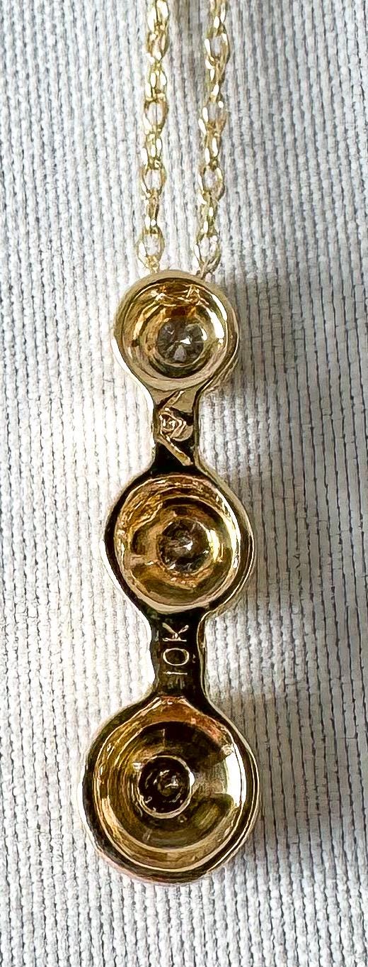 10K Yellow Gold Diamond 3 Stone Drop Pendant 18 Inch Necklace, Simple Dainty Everyday Minimalist Necklace