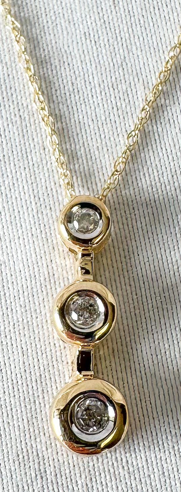 10K Yellow Gold Diamond 3 Stone Drop Pendant 18 Inch Necklace, Simple Dainty Everyday Minimalist Necklace