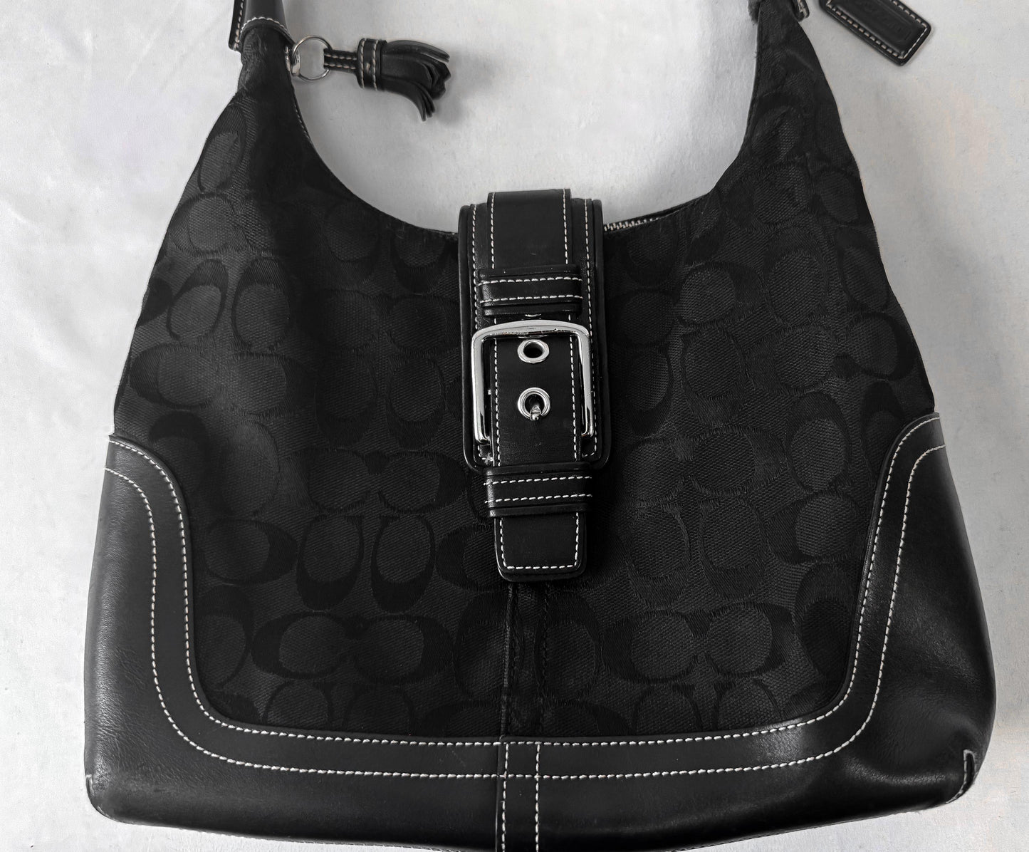 Y2K 00s Coach Signature Hamilton Black Monogram Hobo Canvas Leather Medium Shoulder Bag, Style 6824