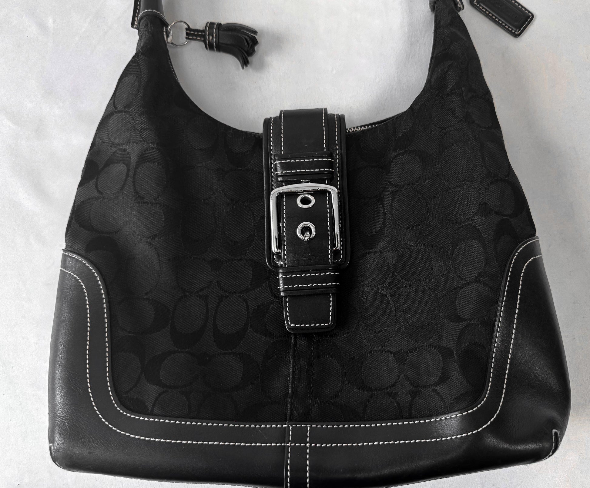 Y2K 00s Coach Signature Hamilton Black Monogram Hobo Canvas Leather Medium Shoulder Bag, Style 6824