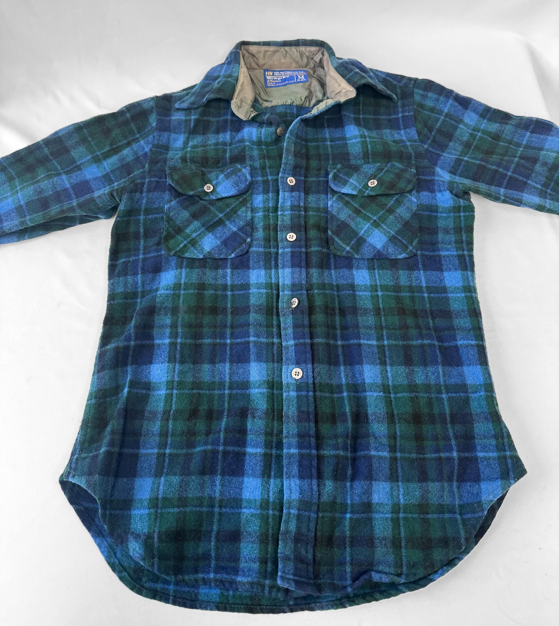 Vintage 70s JCPenney Blue Green Plaid Quilted Wool Button Down, Vintage Men's M