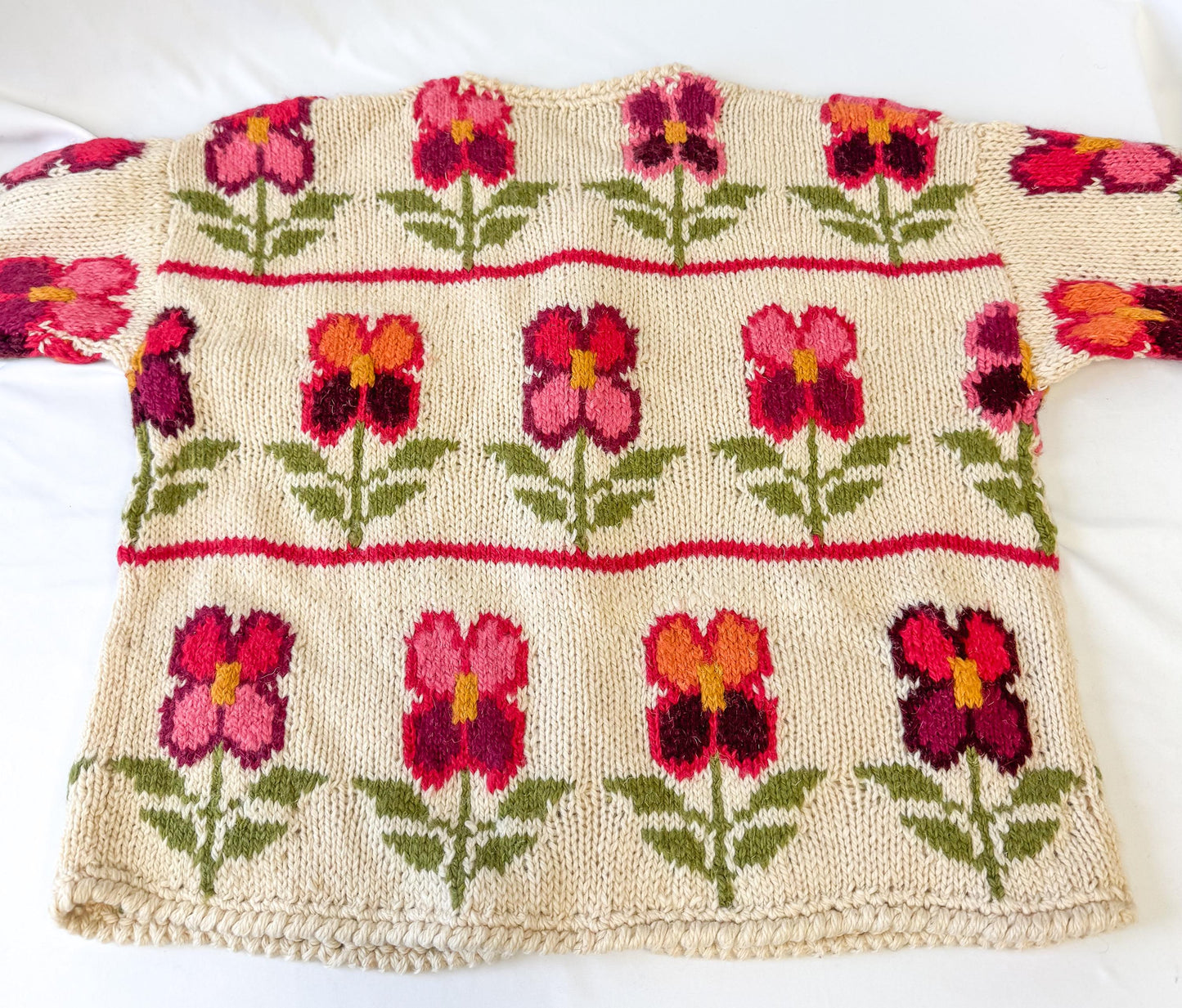 Vintage Express Tricot Handknit Cream Pink Floral Chunky Knit Wool Cardigan Sweater, Sz. M/L