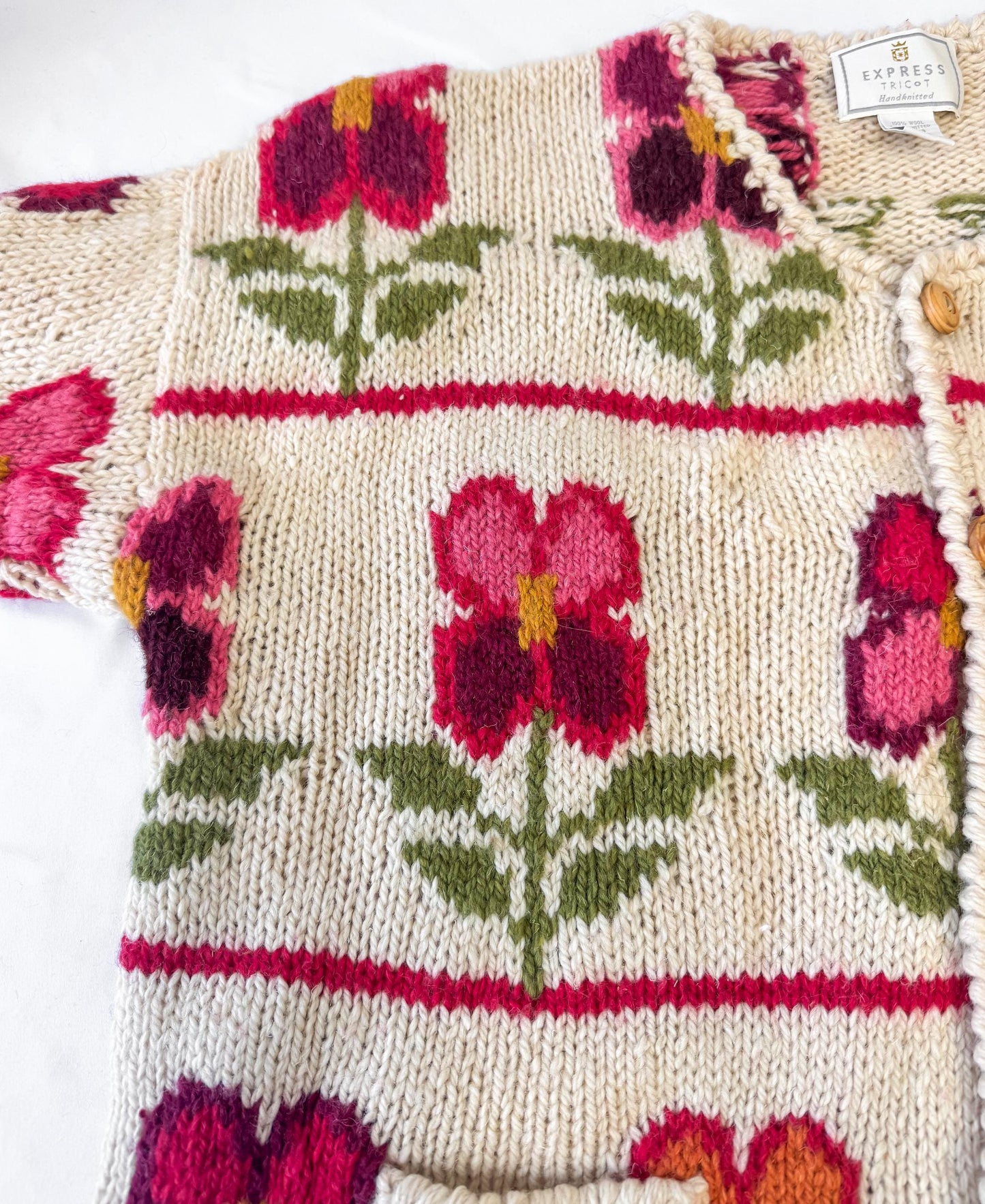 Vintage Express Tricot Handknit Cream Pink Floral Chunky Knit Wool Cardigan Sweater, Sz. M/L