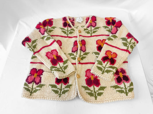 Vintage Express Tricot Handknit Cream Pink Floral Chunky Knit Wool Cardigan Sweater, Sz. M/L
