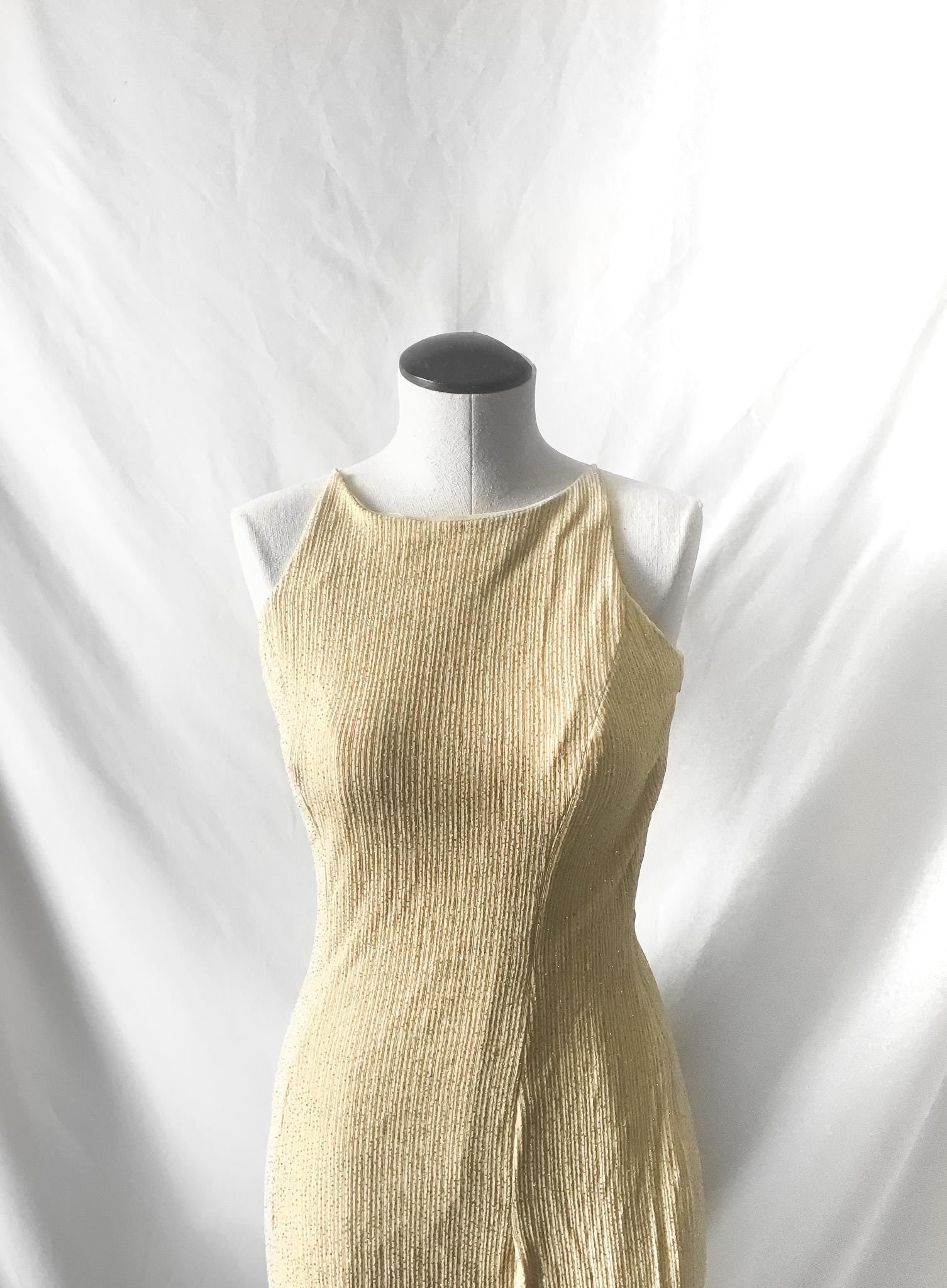 90s Dave and Johnny Beige Champagne Glitter Marilyn Monroe Style Open Back Bodycon Dress, Sz. 4, Art Deco Cocktail Style Evening Gown