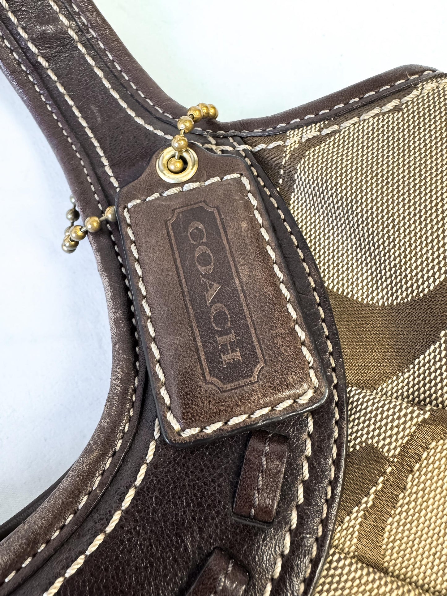 Y2K 00s Coach Ergo Framed Signature Brown Beige Kiss Lock Pleated Shoulder Bag, Style 12232