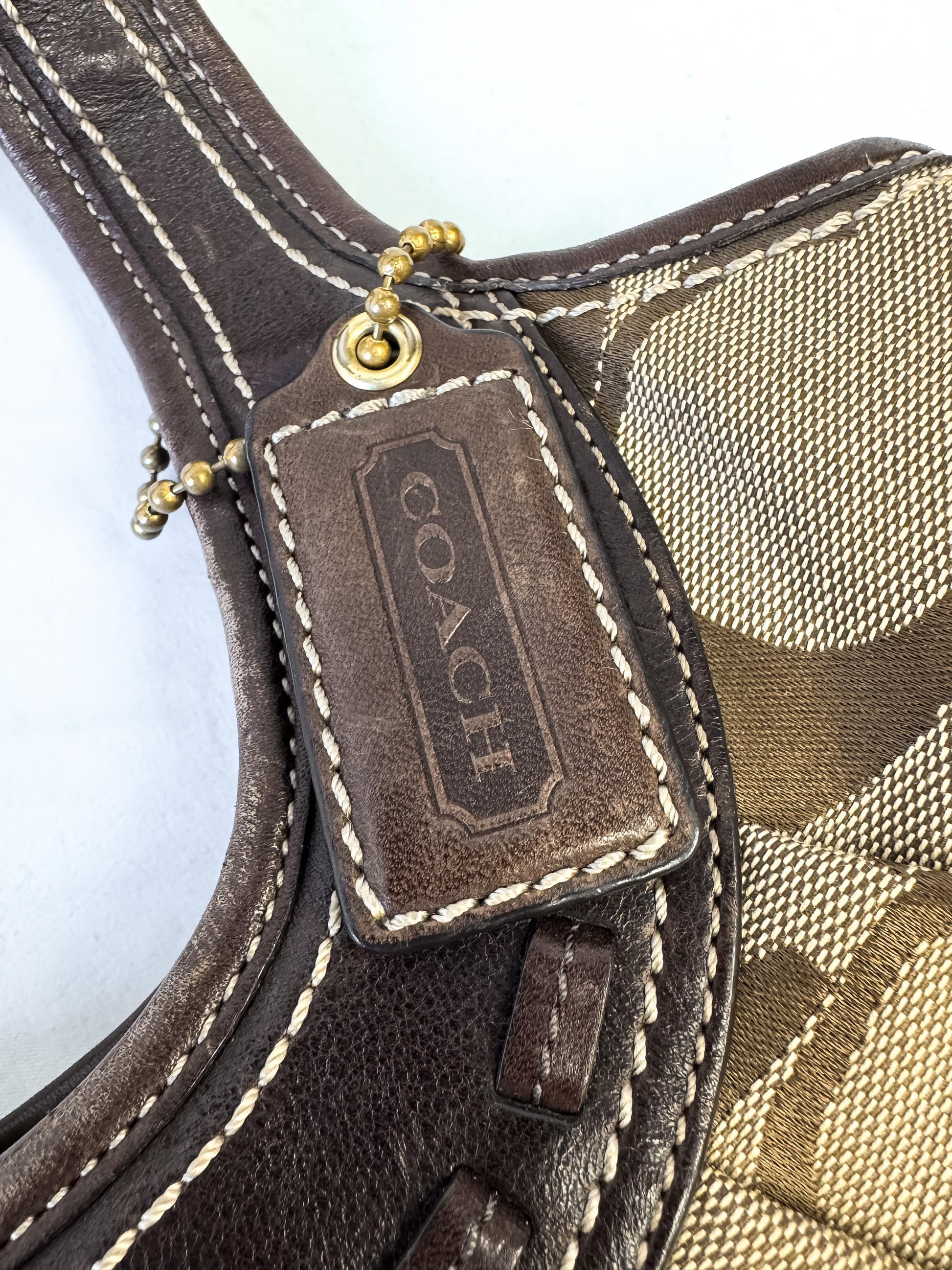 Y2K 00s Coach Ergo Framed Signature Brown Beige Kiss Lock Pleated Shoulder Bag, Style 12232