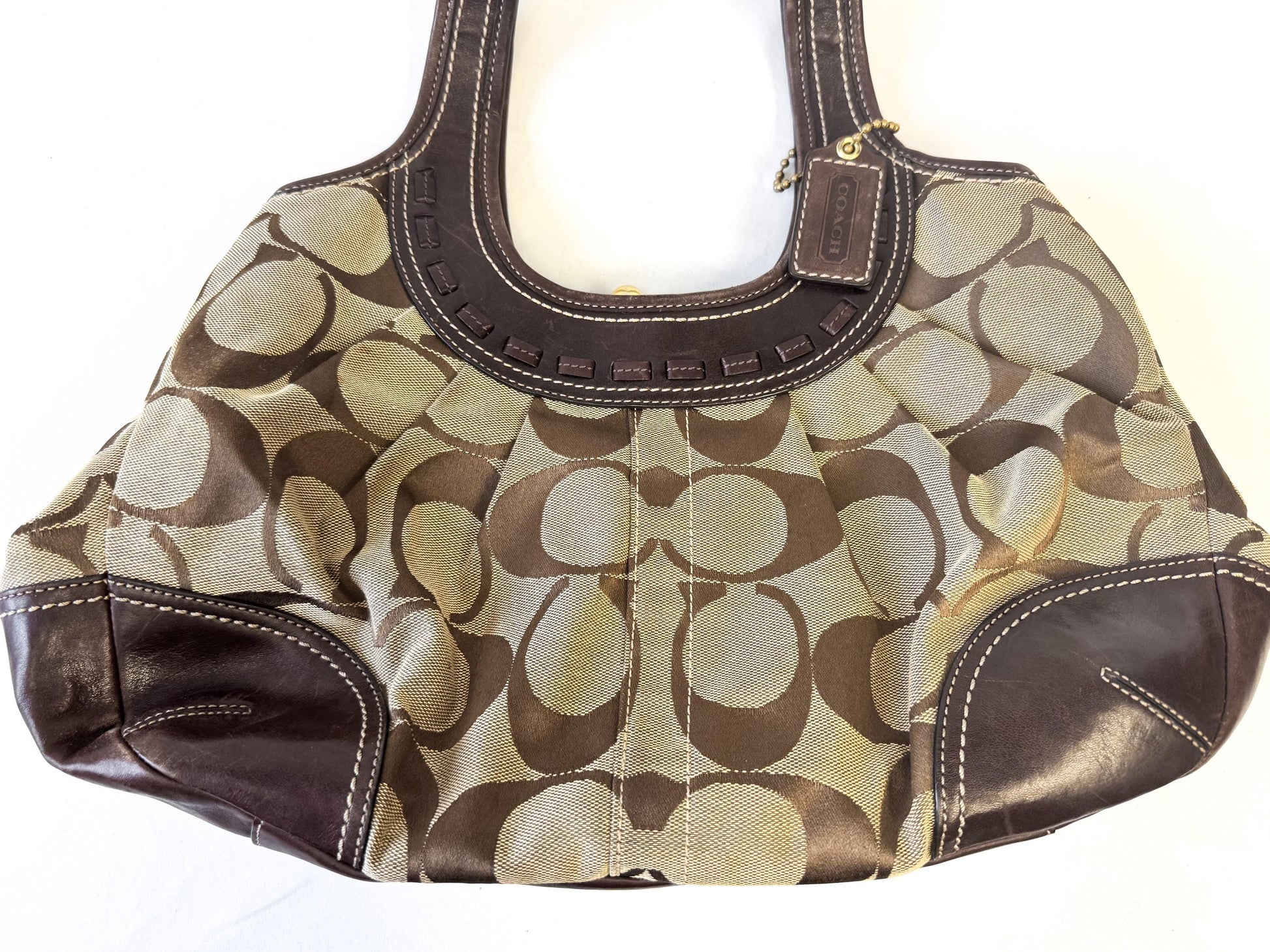 Y2K 00s Coach Ergo Framed Signature Brown Beige Kiss Lock Pleated Shoulder Bag, Style 12232