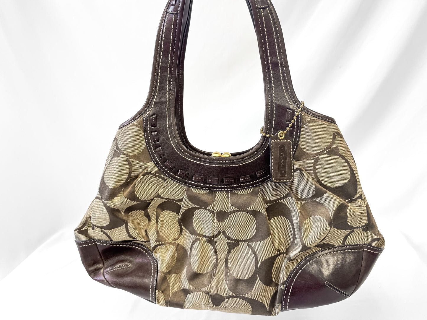 Y2K 00s Coach Ergo Framed Signature Brown Beige Kiss Lock Pleated Shoulder Bag, Style 12232