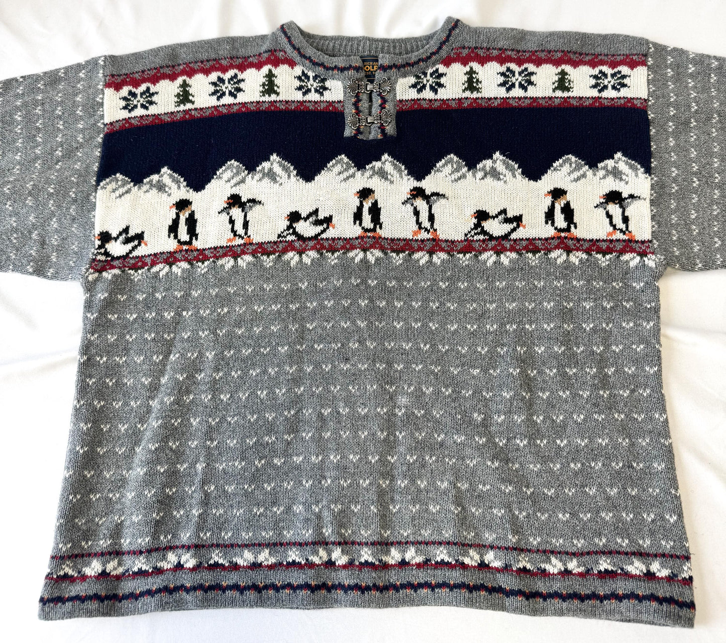 Vintage Woolrich Gray Penguin Print Quarter Clasp Ramie Cotton Blend Sweater, Women's Sz. M