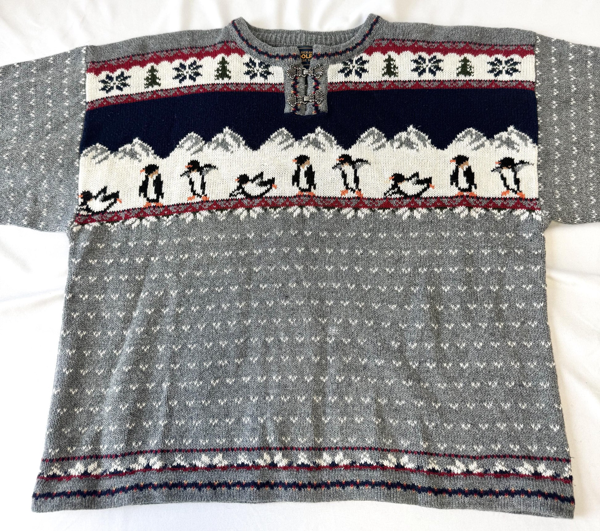 Vintage Woolrich Gray Penguin Print Quarter Clasp Ramie Cotton Blend Sweater, Women's Sz. M