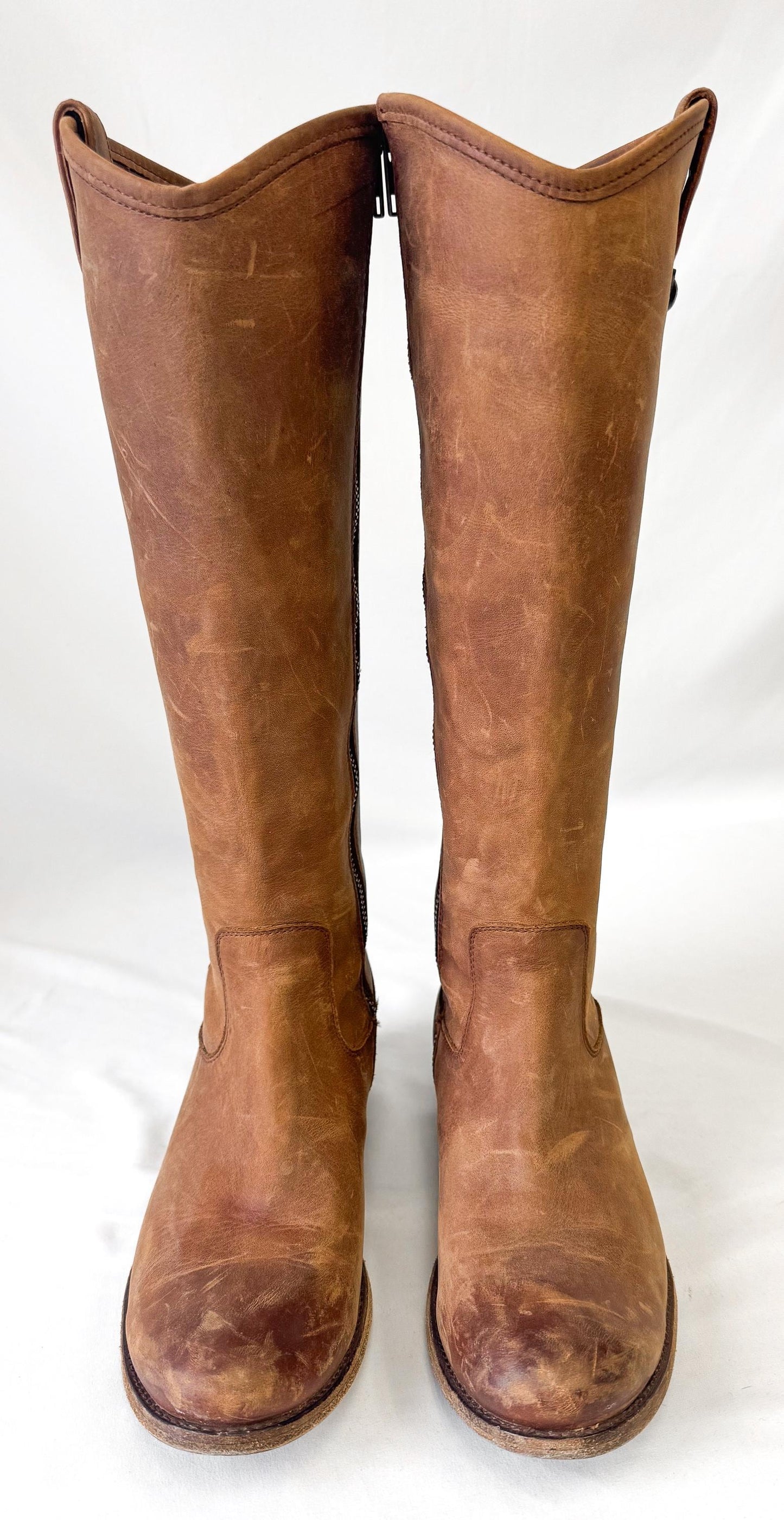 Vintage Frye Brown Knee-High Zip Up Leather Boots, Style 4015, Women's Sz. 8B