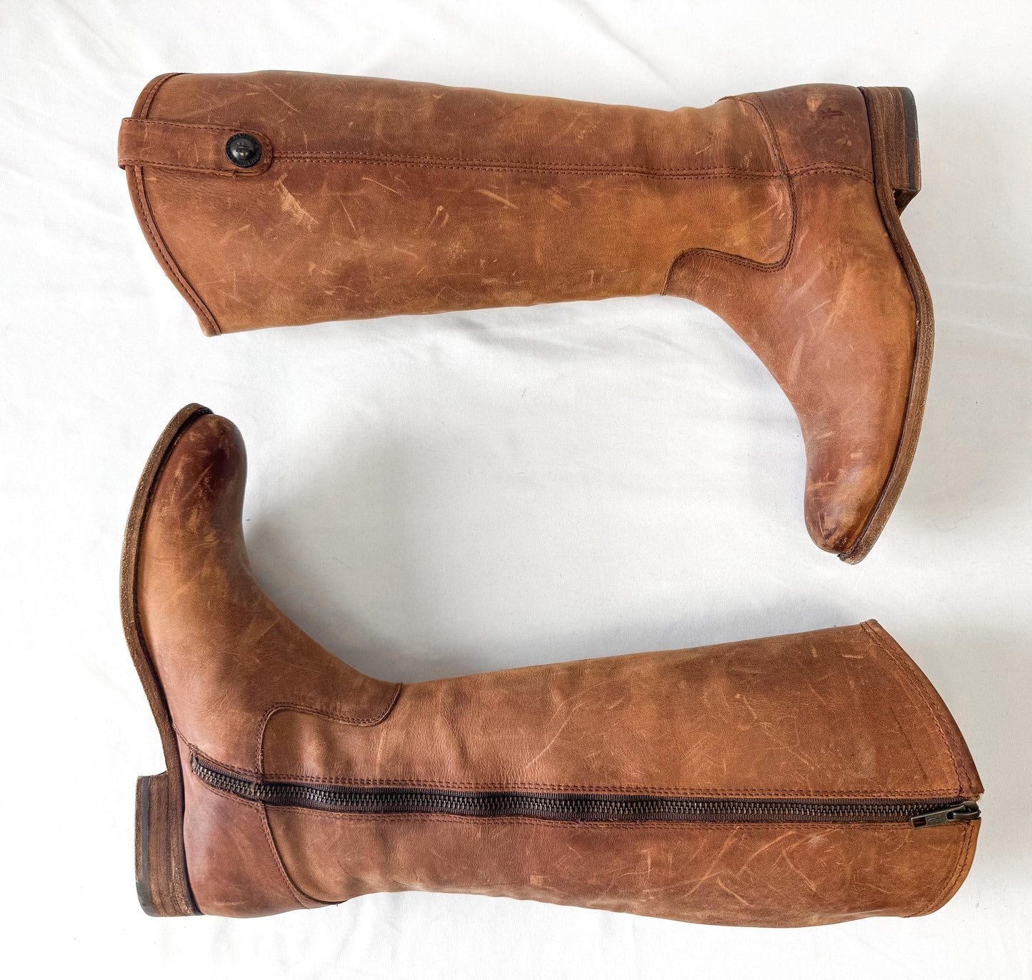 Vintage Frye Brown Knee-High Zip Up Leather Boots, Style 4015, Women's Sz. 8B