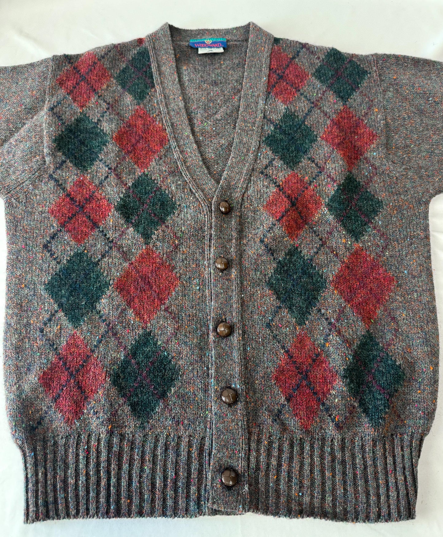 Vintage Woodward Neutral Red Green Argyle Print Wool Cardigan, Men's Sz. M