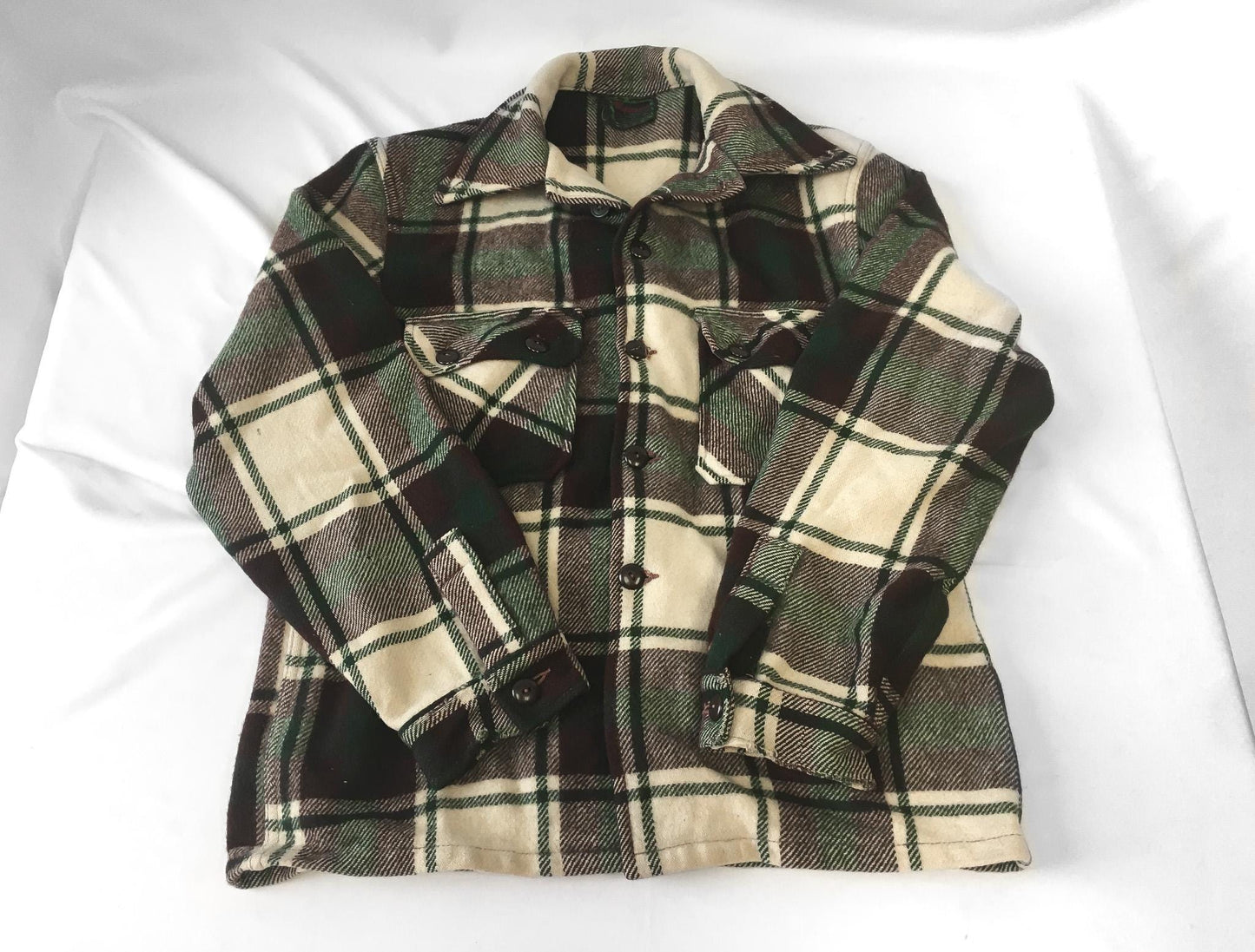 Vintage 50s Chippewa Falls Cream Brown Green Plaid Wool Shacket Coat, Approx. Men's M