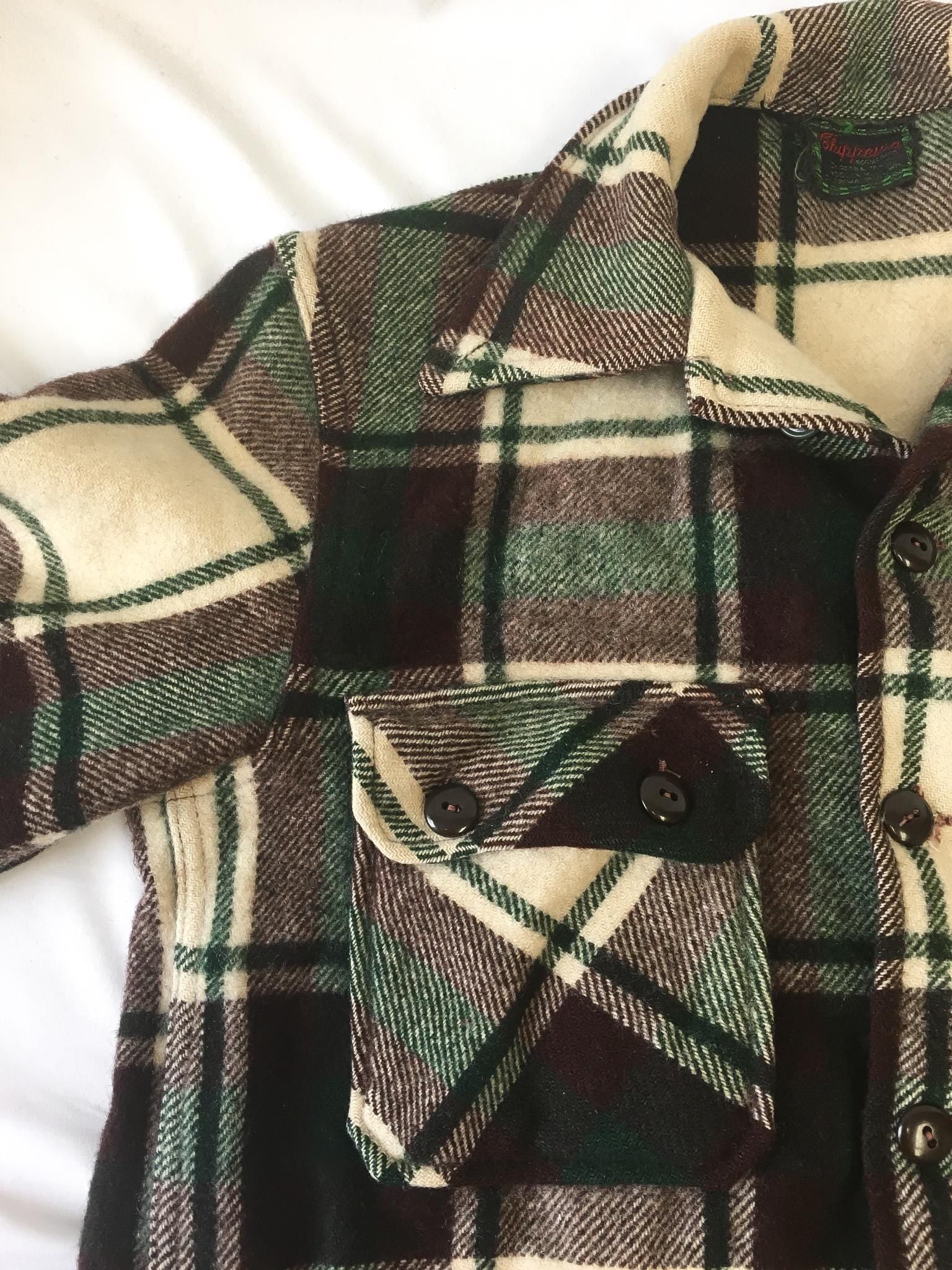 Vintage 50s Chippewa Falls Cream Brown Green Plaid Wool Shacket Coat, Approx. Men's M