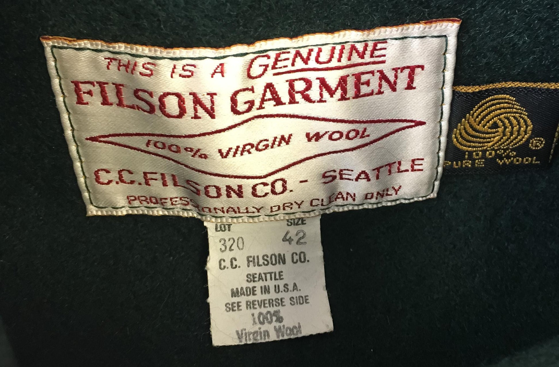 Vintage 80s Filson Mackinaw Cruiser Forest Green Pure Wool Button Up Jacket, Men's Sz. L/XL