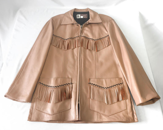 Vintage 50s Salmon Pink Leather Fringe Zip Up Jacket, Women's Sz. S/M, Unique Western Style Jacket