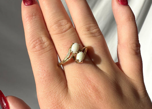 Vintage 10K Yellow Gold Twin Opal Etched Ring, Sz. 8.5, Vintage Art Deco Style Statement Ring