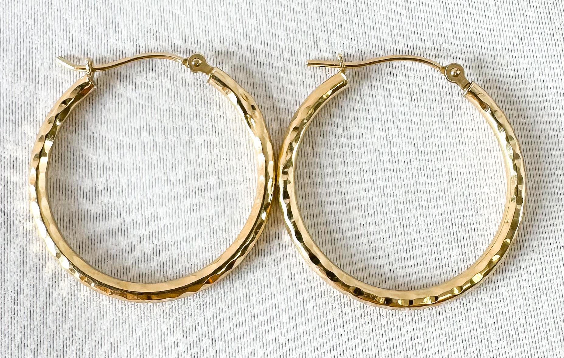Vintage 14K Yellow Gold Textured Thin Hollow Hoops, Roughly 1", Roughly 2mm, Simple Everyday Minimalist Hoops