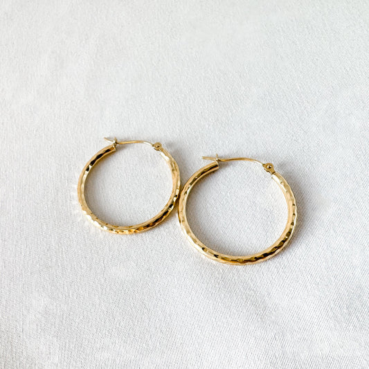 Vintage 14K Yellow Gold Textured Thin Hollow Hoops, Roughly 1", Roughly 2mm, Simple Everyday Minimalist Hoops