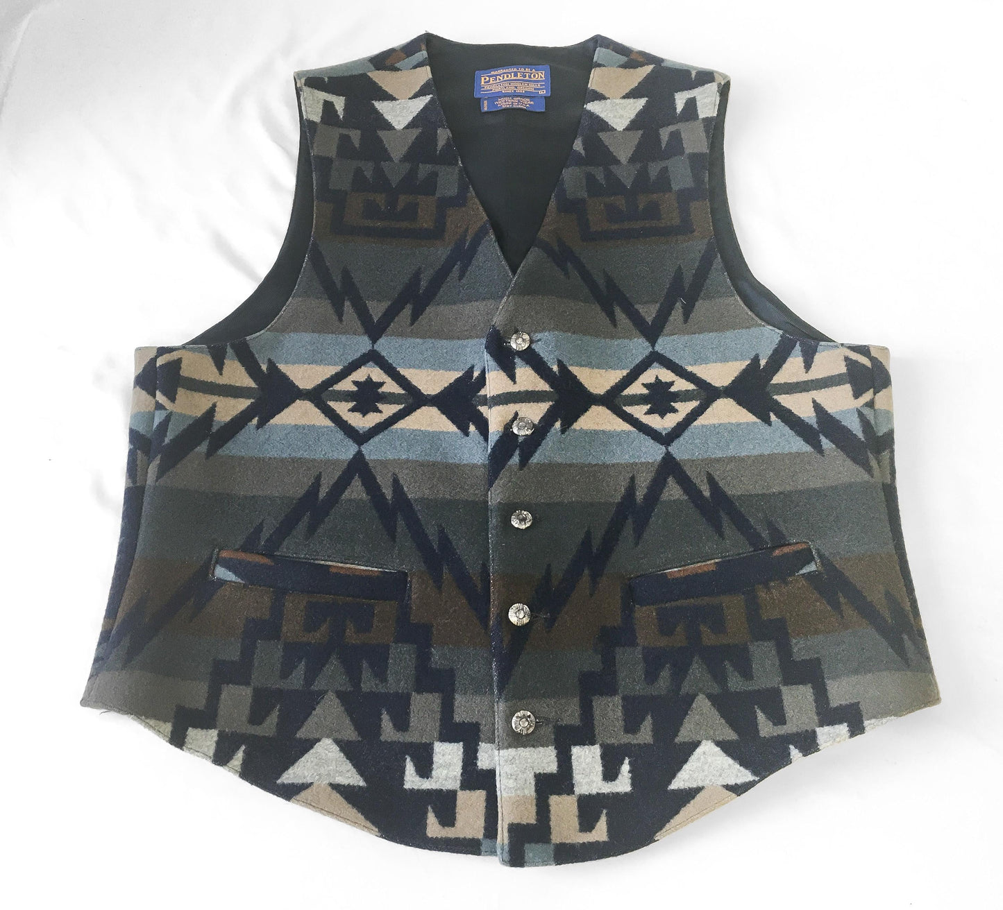 Vintage Pendleton Blue Gray Southwest Aztec Print Wool Vest, Men's Sz. L, Unisex Western Vest