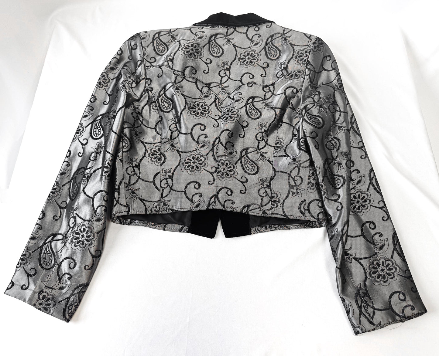 Vintage 90s Lorig's Black Silver Metallic Velvet Paisley Floral Print Blazer, Women's Sz. S