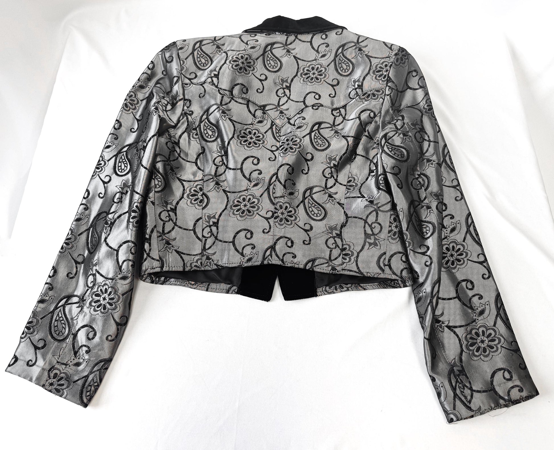 Vintage 90s Lorig's Black Silver Metallic Velvet Paisley Floral Print Blazer, Women's Sz. S