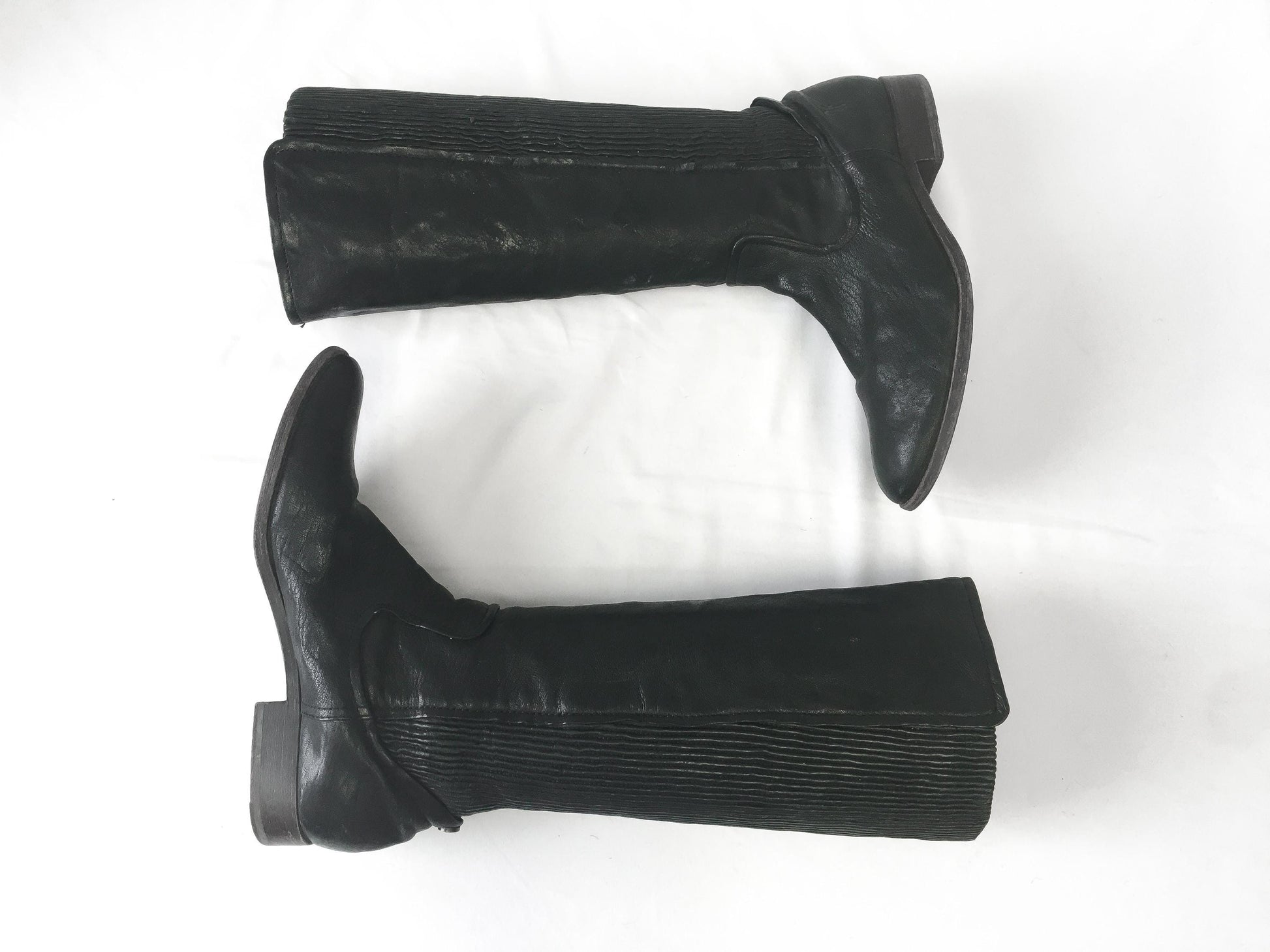 Vintage Frye Melissa Scrunch Black Leather Knee High Boots, Women's Sz. 9.5M