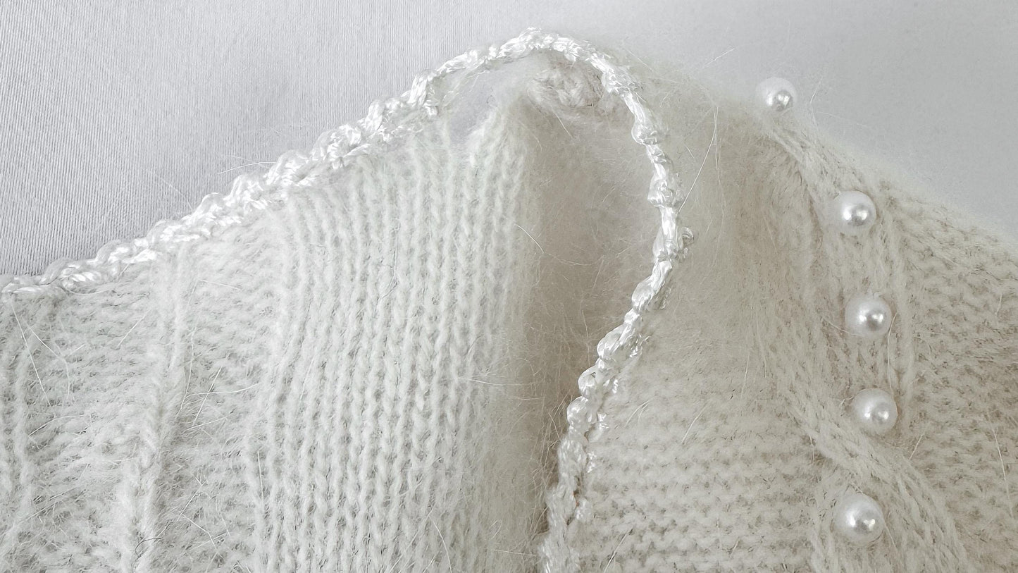 Vintage Cream/Off-White Pearl Knit Lambswool Mohair Blend Open Cardigan, Women's Sz. M