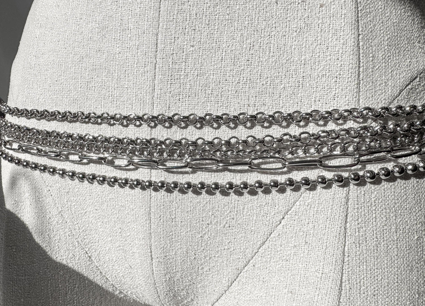 Silver Five Chain Layered Adjustable Chain Link Belt, 35" - 42" Waist, Alternative Emo Style Statement Belt