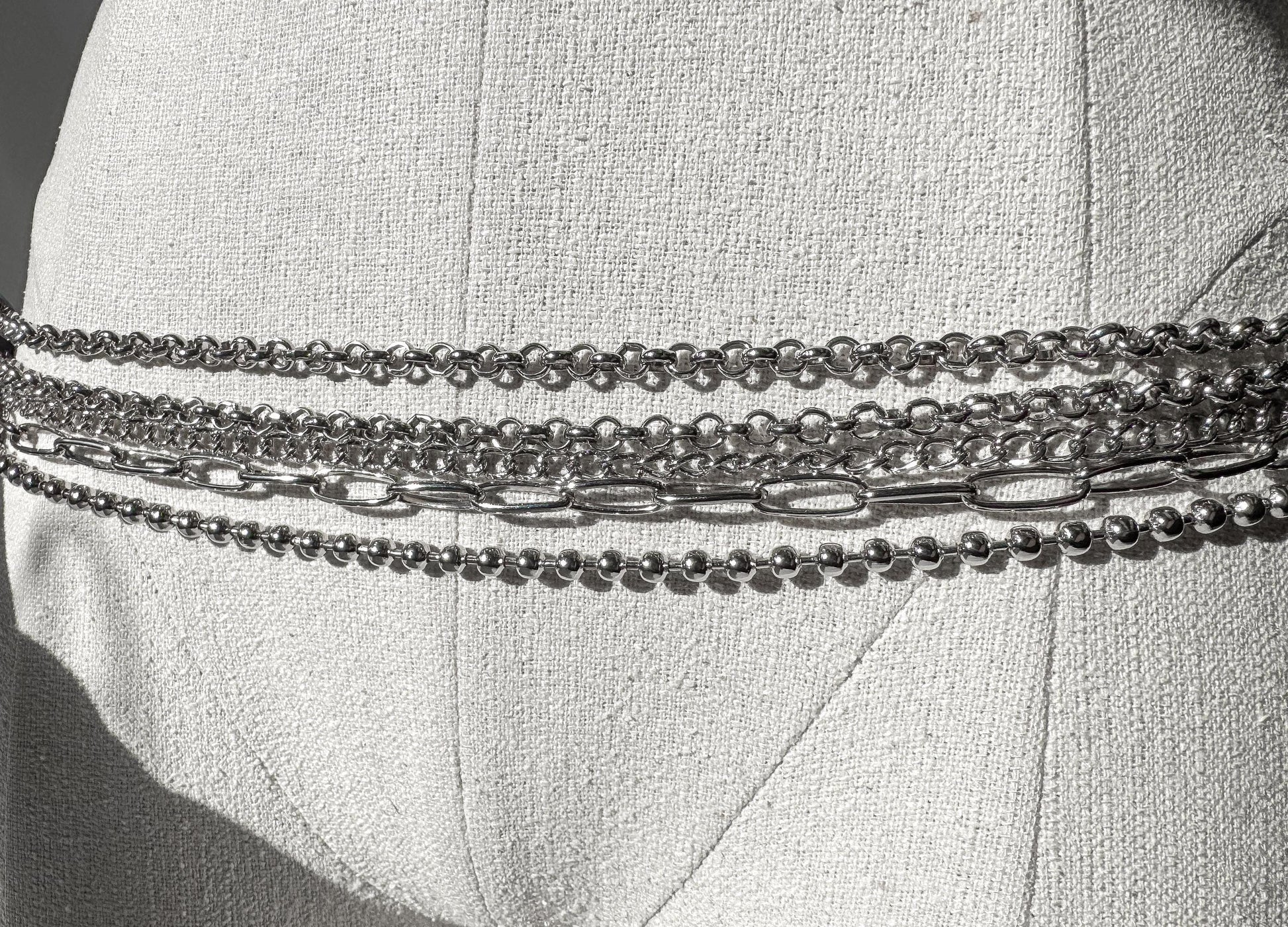 Silver Five Chain Layered Adjustable Chain Link Belt, 35" - 42" Waist, Alternative Emo Style Statement Belt
