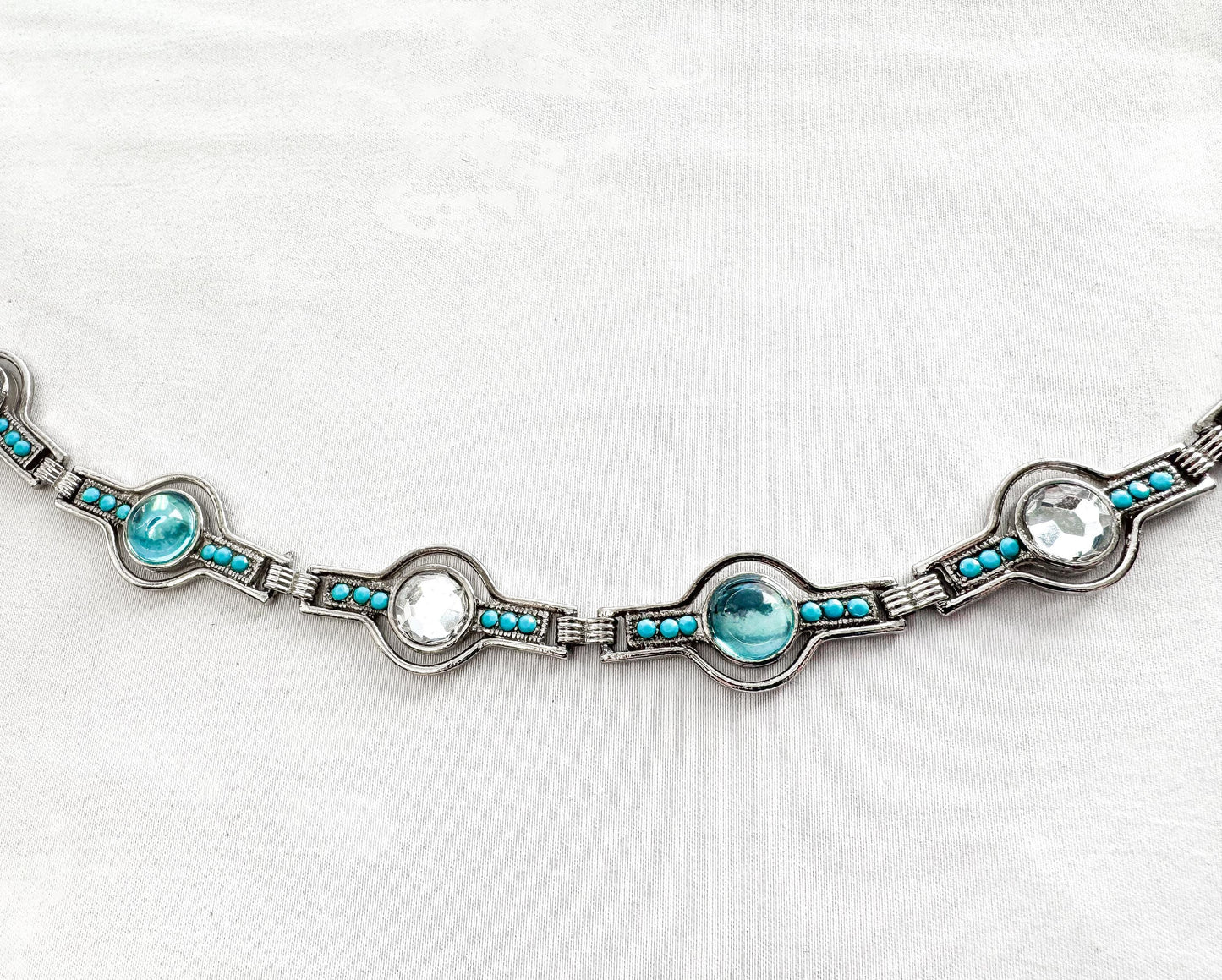Vintage Silver Blue Stone Faux Turquoise Circular Adjustable Chain Link Belt, 33" - 40" Waist, Unique Statement Retro Style Belt