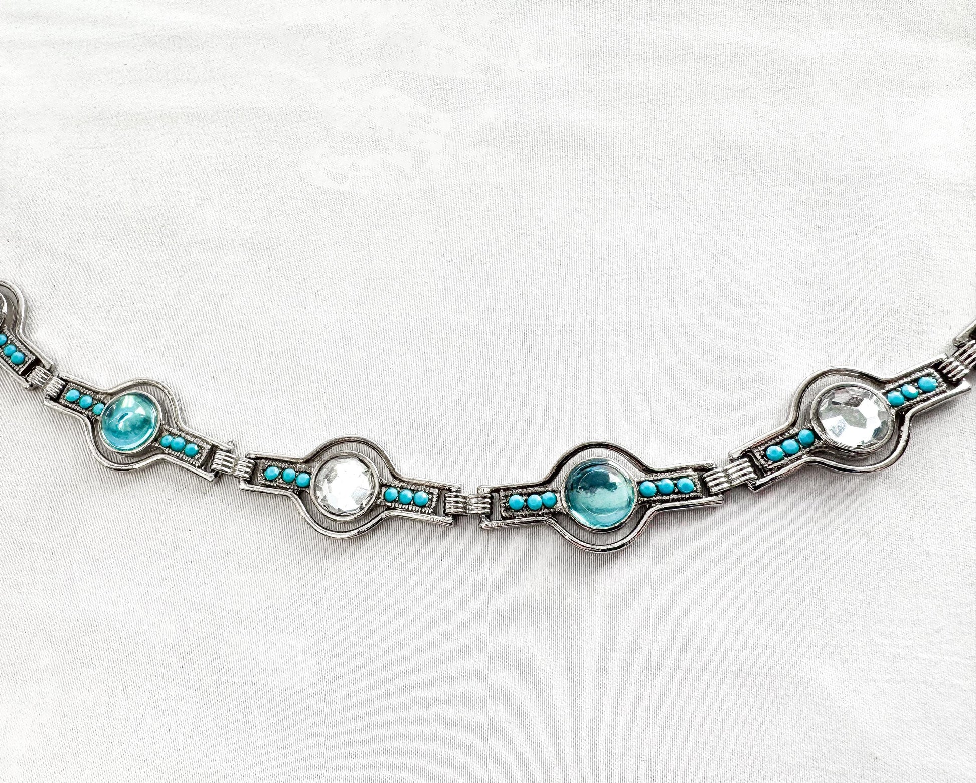 Vintage Silver Blue Stone Faux Turquoise Circular Adjustable Chain Link Belt, 33" - 40" Waist, Unique Statement Retro Style Belt