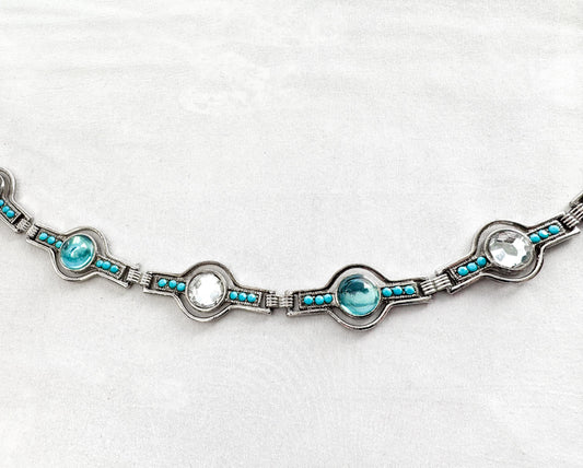 Vintage Silver Blue Stone Faux Turquoise Circular Adjustable Chain Link Belt, 33" - 40" Waist, Unique Statement Retro Style Belt