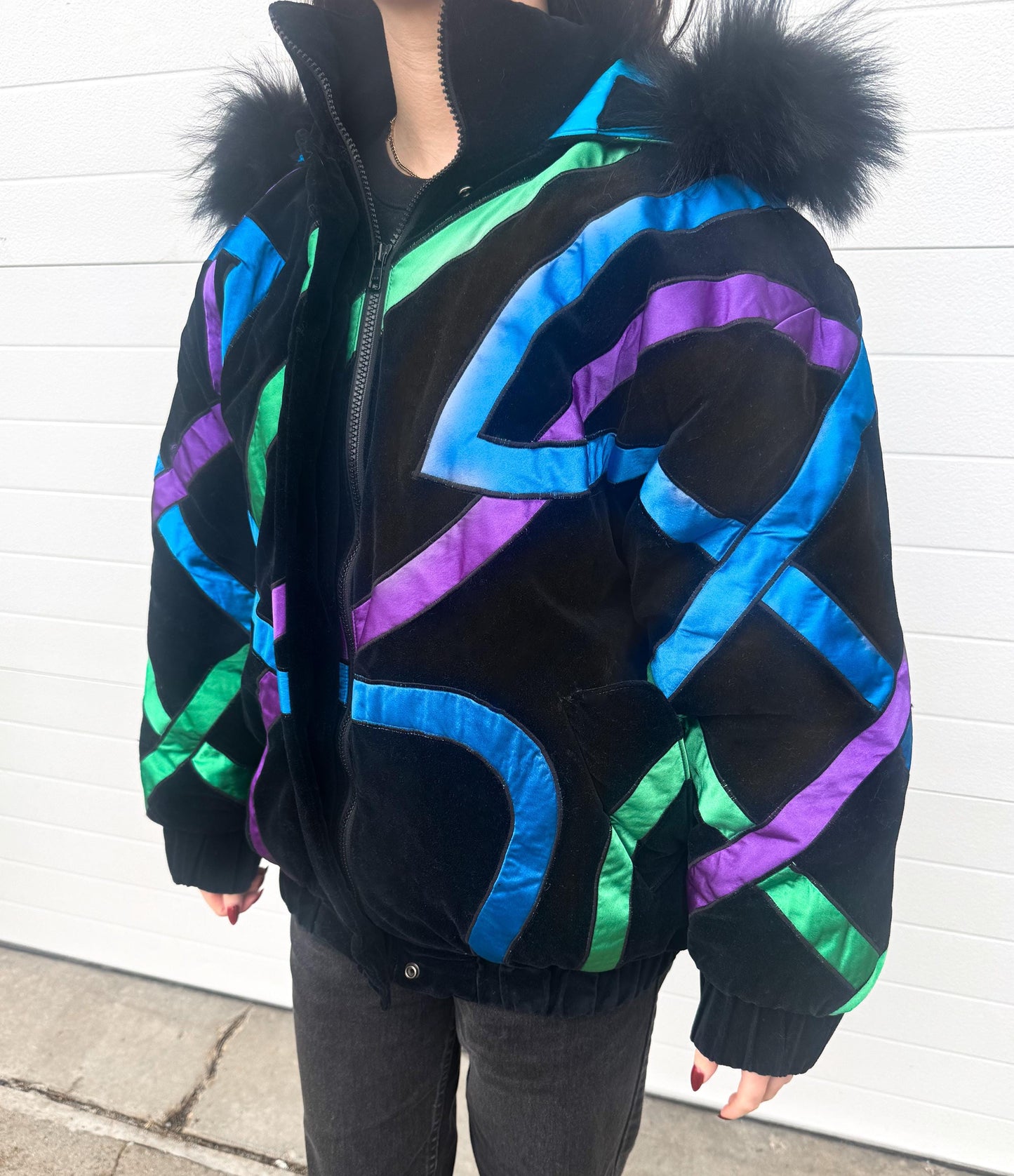 Vintage 80s London Fog Black Velvet Neon Ribbon Fur Hooded Jacket, Women's Sz. M, Retro Style Jacket