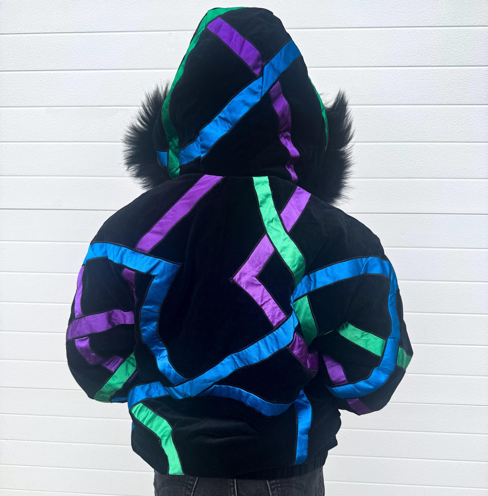 Vintage 80s London Fog Black Velvet Neon Ribbon Fur Hooded Jacket, Women's Sz. M, Retro Style Jacket