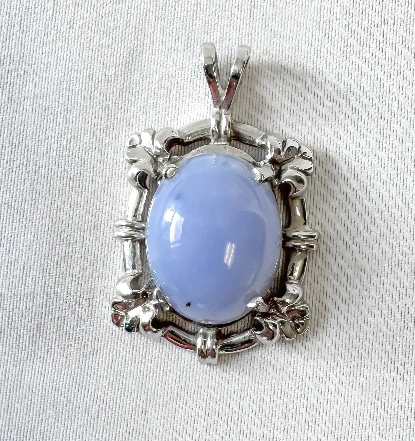 Vintage 14K White Gold Ellensburg Blue Agate Oval Pendant, Vintage Rare Boho Style Pendant