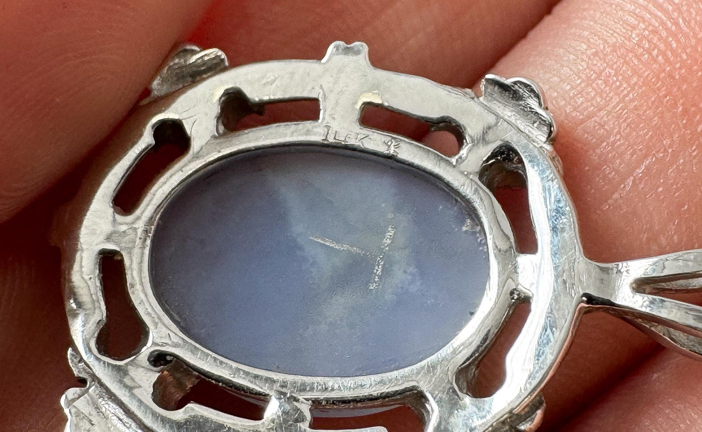 Vintage 14K White Gold Ellensburg Blue Agate Oval Pendant, Vintage Rare Boho Style Pendant