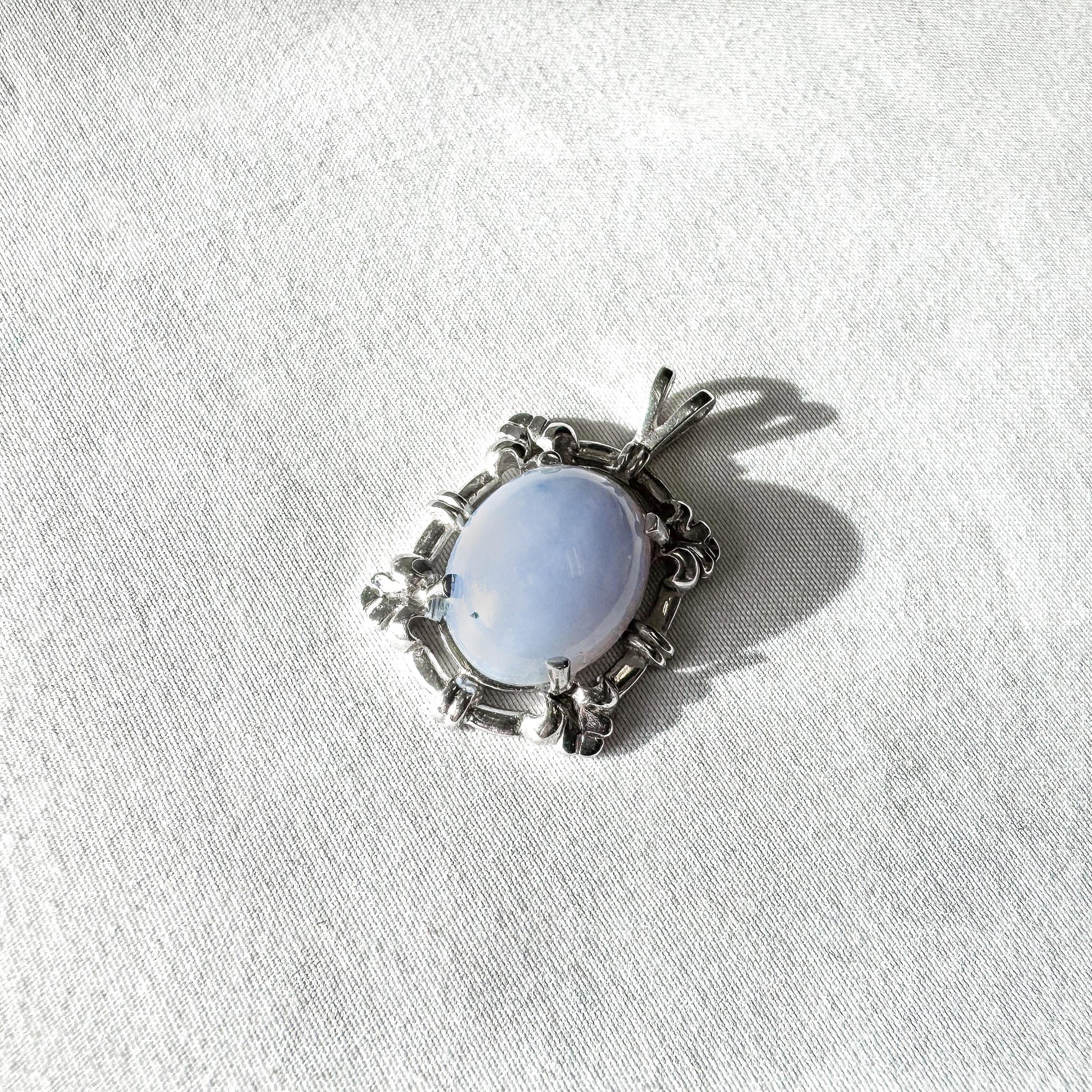 Vintage 14K White Gold Ellensburg Blue Agate Oval Pendant, Vintage Rare Boho Style Pendant