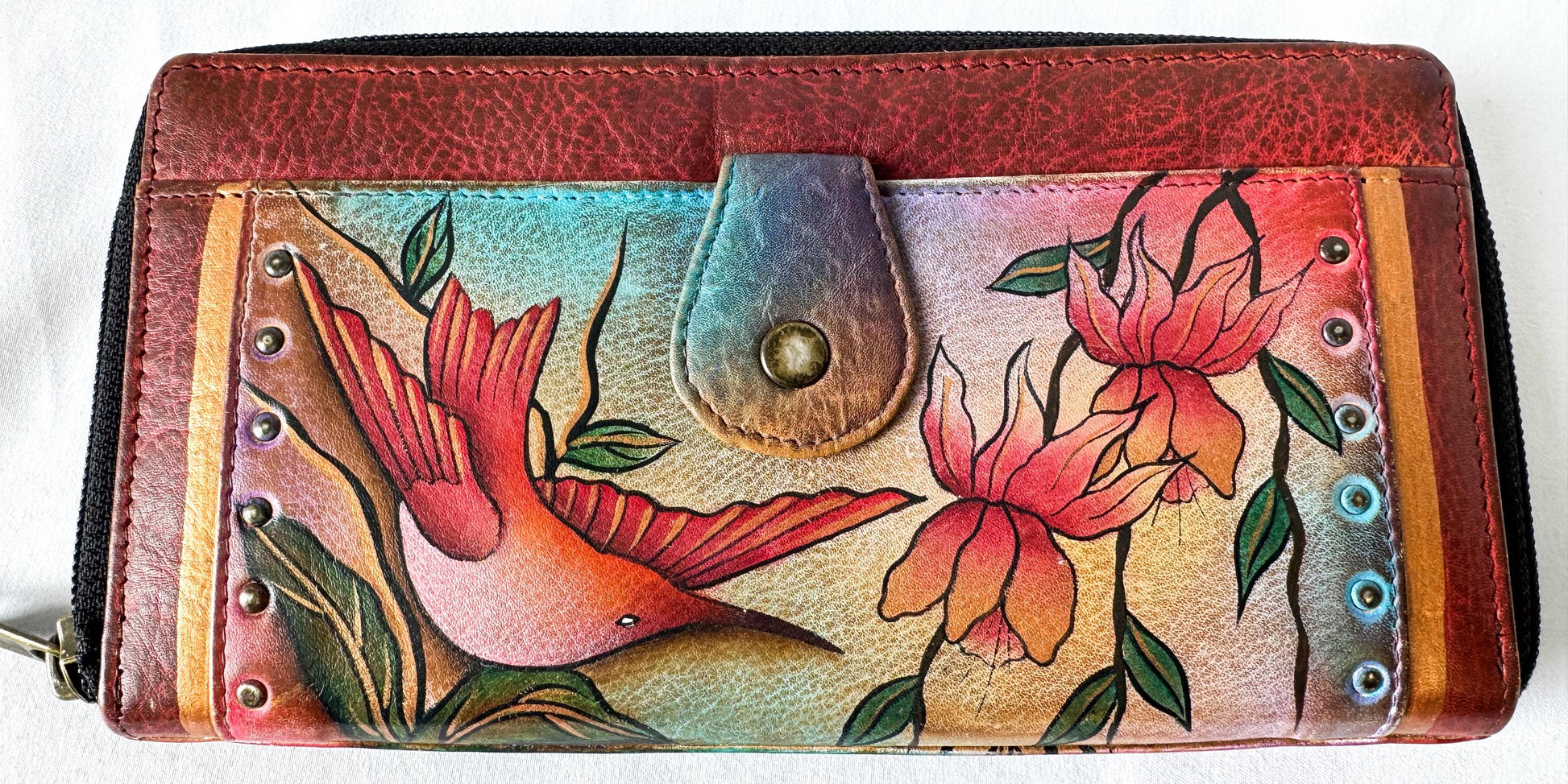 Vintage Anuschka Hand-Painted Hummingbird Floral Leather Wallet, Boho Hippie Style Wallet