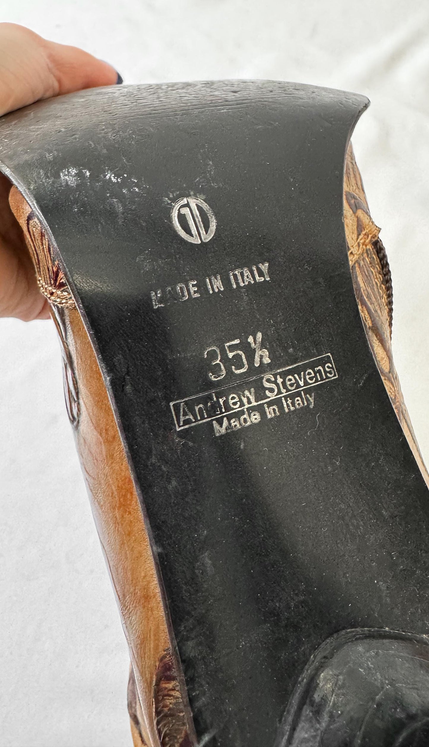 Vintage Andrew Stevens Tooled Leather Floral Stiletto Heeled Boots, Approx. Women's Sz. 6, Vintage Western Boho Style Boots