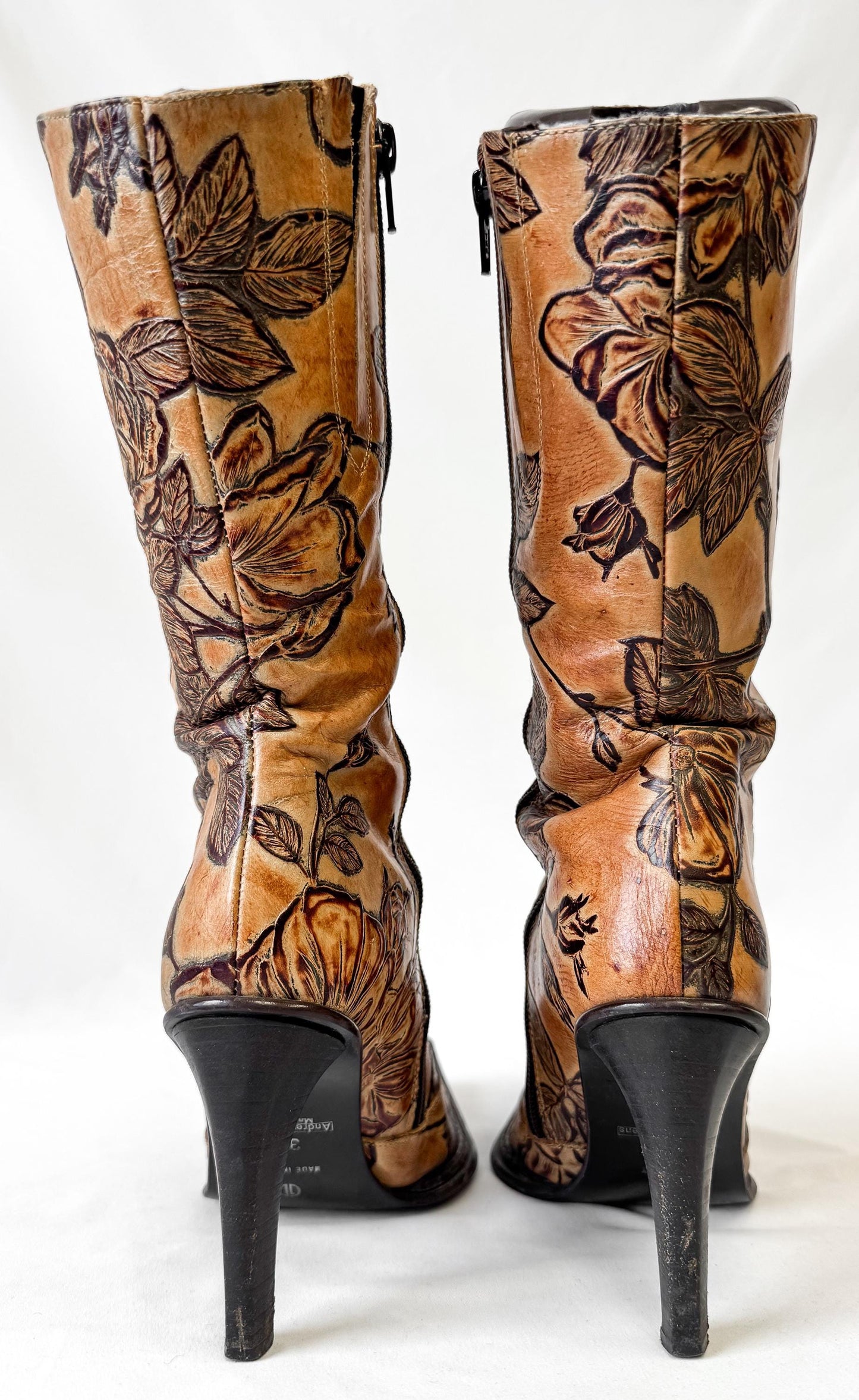 Vintage Andrew Stevens Tooled Leather Floral Stiletto Heeled Boots, Approx. Women's Sz. 6, Vintage Western Boho Style Boots