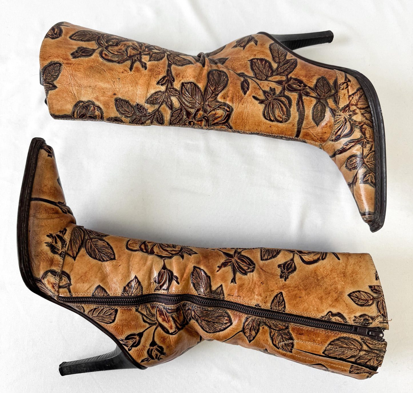 Vintage Andrew Stevens Tooled Leather Floral Stiletto Heeled Boots, Approx. Women's Sz. 6, Vintage Western Boho Style Boots