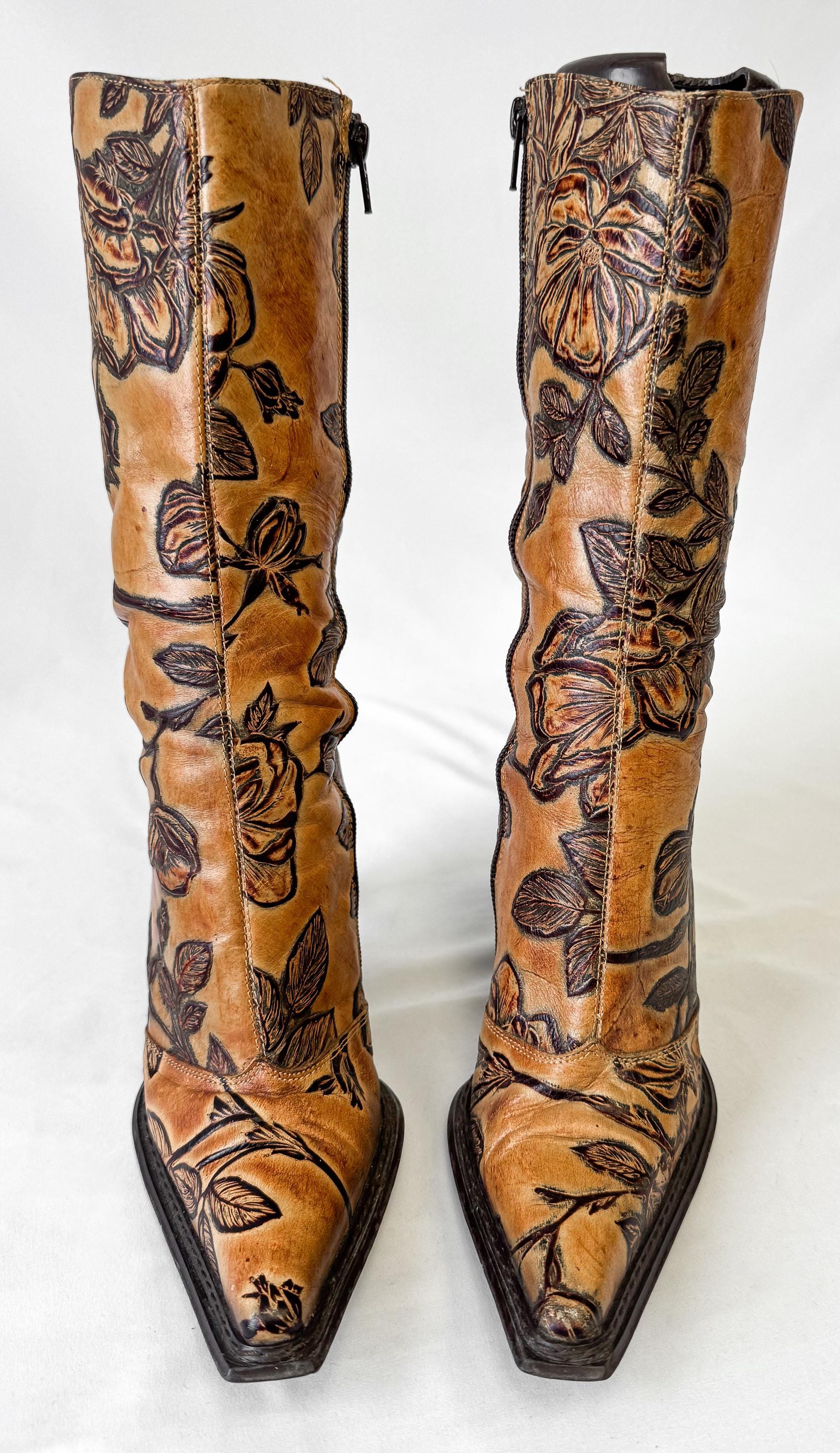 Vintage Andrew Stevens Tooled Leather Floral Stiletto Heeled Boots, Approx. Women's Sz. 6, Vintage Western Boho Style Boots