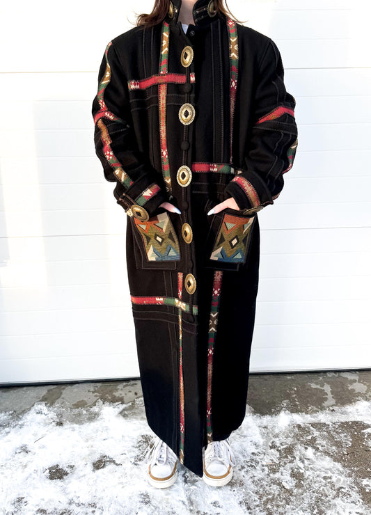 Vintage Coloratura Black Southwest Aztec Print Concho Button Pure Wool Long Trench Coat, Sz. S, Vintage Western Jacket